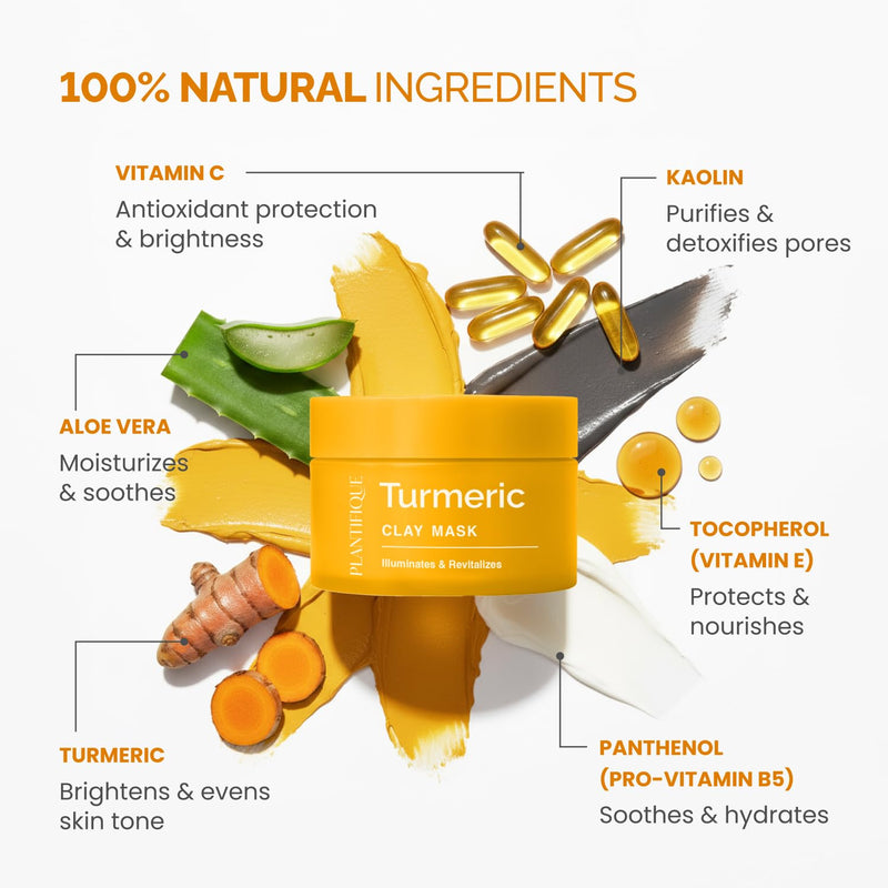 PLANTIFIQUE Korean Turmeric Clay Mask for Dark Spots - Calms, Refines Pores | Hydrating Face Masks with Vitamin C, Kaolin & Bentonite, Aloe Vera - Mascarilla de Arcilla, Includes Spatula, 3.88oz