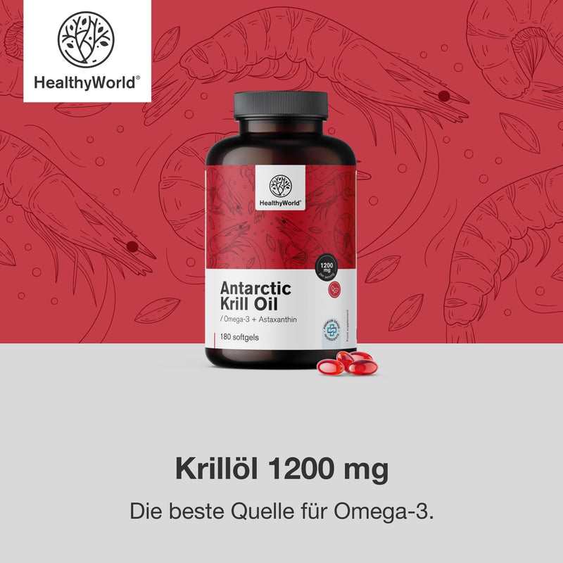 [Australia] - HealthyWorld® Krill Oil 1200 mg - 180 soft capsules - Omega-3 + Astaxanthin - Without gluten, lactose and artificial flavors - 3-month supply - Supports heart and circulatory function 