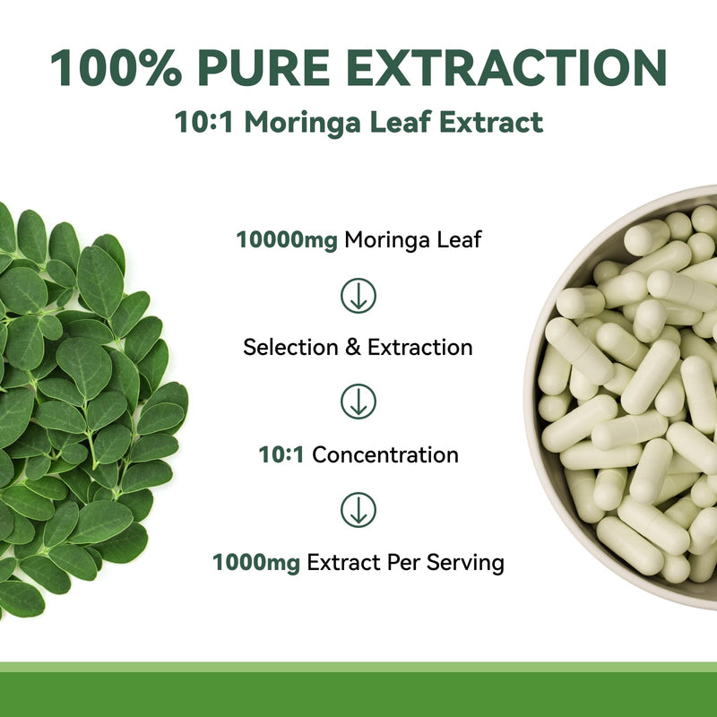[Australia] - Moringa Capsules 1000mg, Moringa Leaf Extract 10:1, Complete Green Superfood, for Energy, Sleep, Immune & Gut Health, Veg Capsules 60 Count, All-Natural, Non-GMO, Made in USA 