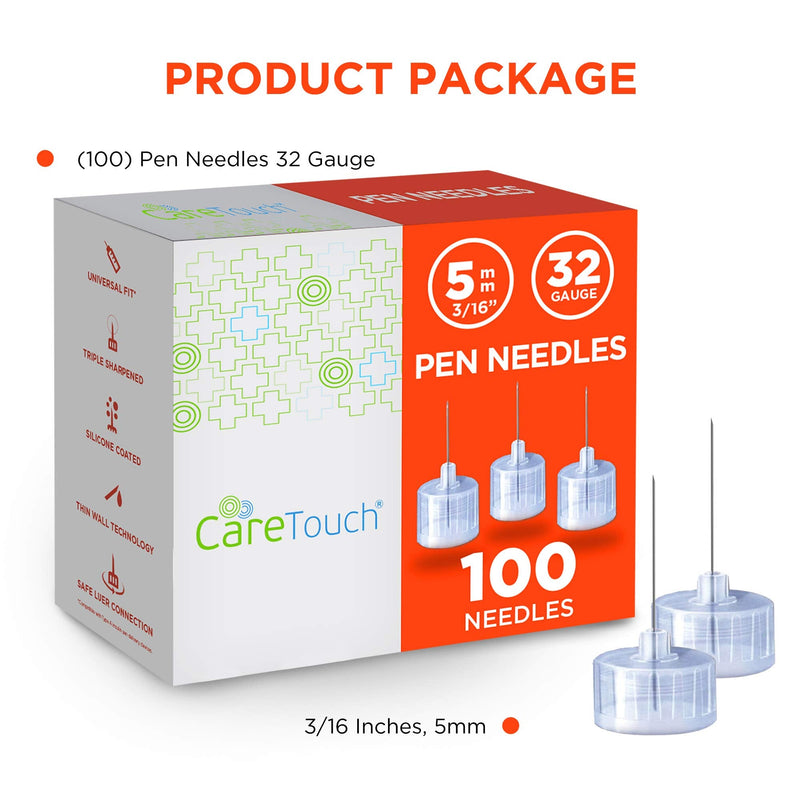 [Australia] - Care Touch Pen Needle 32 Gauge, 0.2"-5mm - Set of 100 Diabetic Fine Needles - Triple Sharpened, Silicone Coated Bevel, Thin Wall Technology, & Secure Attachment - Compatible with Most Insulin Pens 