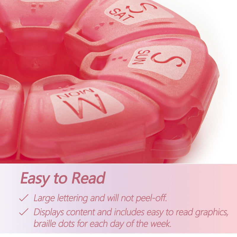 Yaklim Round Weekly Pill Organizer, TPU Rubberized, Travel Pill Container 7 Day, with 7 Large Compartments, Great for Daily Vitamins, Cute Pill Case with Large Letters and Braille (Rose) | with 7 Large Compartments, Pill Cases Organizers 7 Day with Lar...