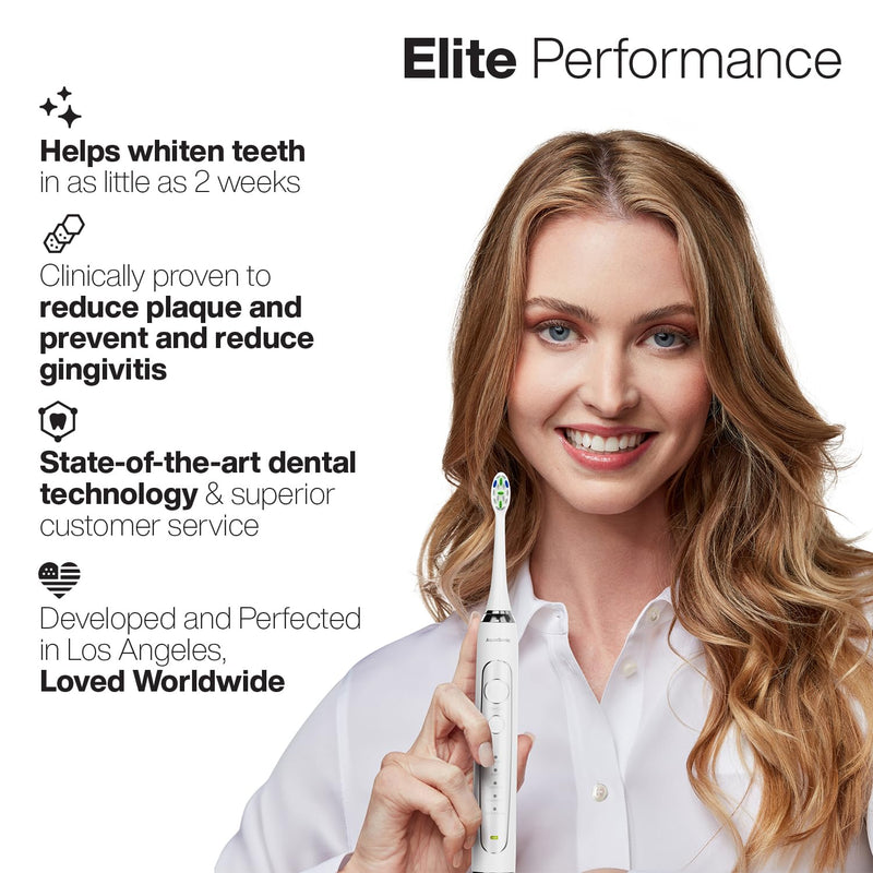 [Australia] - Aquasonic Elite Ultra-Whitening Toothbrush – ADA Accepted Power Toothbrush - 8 Proflex Brush Heads & Travel Case – 50,000 VPM Motor & Wireless Charging - 5 Modes w Smart Timer (White) White 