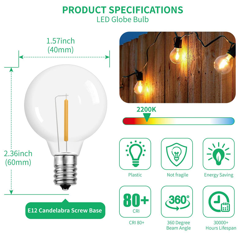 [Australia] - Meconard G40 Led Replacement Light Bulbs, E12 Screw Base Shatterproof Globe Bulbs for Outdoor String Lights, 1Watt Equvalent to 5 Watt Incandescent Bulbs,Warm White, 25Pack Warm White 25 Count (Pack of 1) 