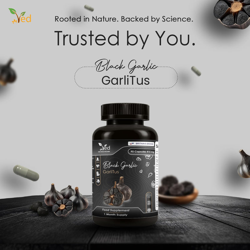 VED Black Capsules Garlitus - High Strength Odourless Capsules with Aged Garlic Extract, Vegan 90 Capsules with Cinnamon Bark and ALA Zinc, Vitamin B6, B1, B9, & B12.