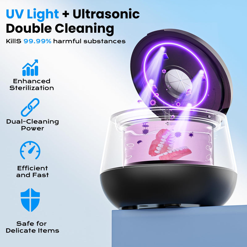 [Australia] - 45kHz Ultrasonic Retainer Cleaner, 200ML Dental Cleaning Pod for Dentures, Mouth Guards, Braces, Aligner, Toothbrush Jewelry and More, UV Denture Cleaner with 4 Modes & Digital Timer Black 