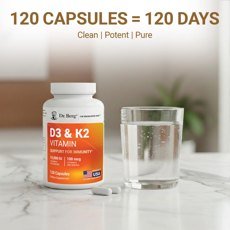 Dr. Berg Maximum Strength 7-in-1 Vitamin D3 K2 10,000 IU | Naturally Derived D3 | 4X Lab-Tested & Verified | High Absorption Formula | K2 D3 Vitamin Supplement | 120 Capsules 120 Count (Pack of 1)