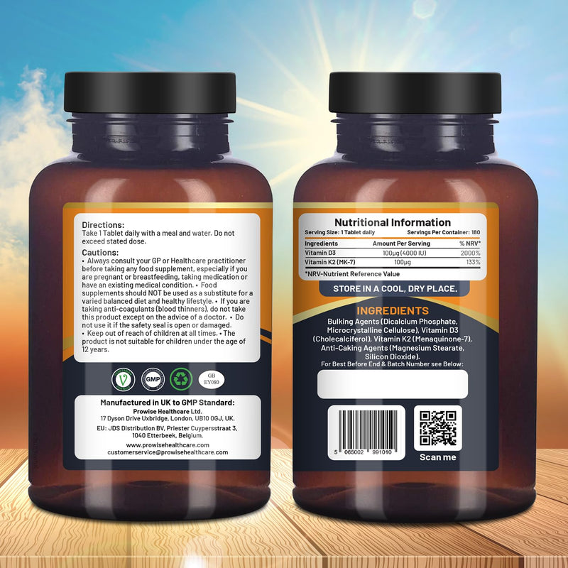Vitamin D3 4000IU & K2 MK7 100µg Vegetarian Tablets I 180 (6 Months Supply) I Easy to Swallow Supplement for Immune Support, Calcium Boost, Bone & Muscle I Made in The UK by Prowise Healthcare