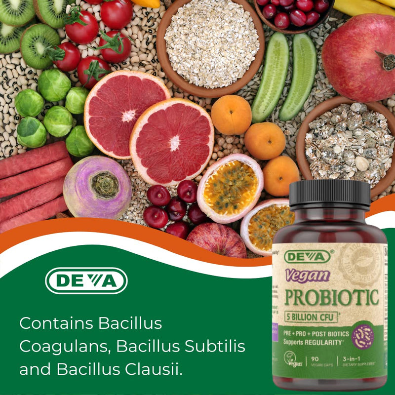 DEVA Vegan Probiotic Supplement - Pre, Pro, and Postbiotics for Digestive Health, 5 Billion CFU, Soil-Based, Spore-Forming, Dairy Free, FOS Prebiotics, for Women and Men, Vegan Capsules, 90 Count 90 Count (Pack of 1)