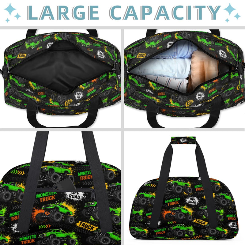 Gym Travel Duffle Bag for Boys - Green Monster Car Trucks Kids Overnighter Weekend Bag with Front Zipper Pocket for School Practice, Teens Carry-On Size Sleepover Bags Green Monster Trucks