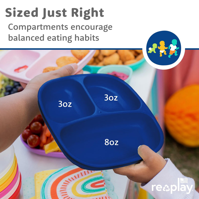 [Australia] - Re-Play Toddler Plates with Dividers - Deep-Walled 3 Compartments Divided Plates for Kids - Dishwasher & Microwave Safe - Made in USA - Set of 3-7.37" x 7.37" x 1.25" - A True Blue Without Lid 