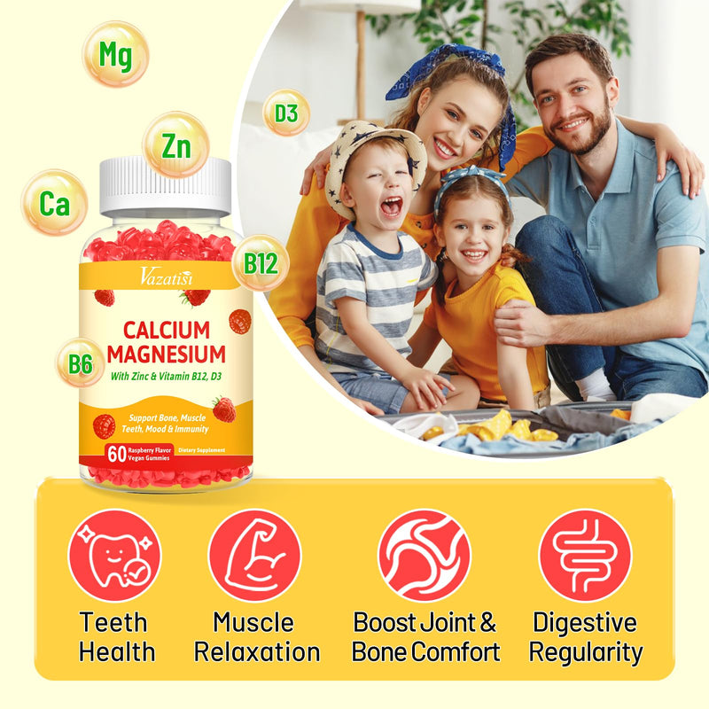 2 Pack Calcium Gummies with Magnesium, Zinc, Vitamin D3 & B12, Calcium Supplements for Women Men, Support Bone, Muscle and Immunity, 120 Vegan Raspberry Flavor Gummies 60 Count (Pack of 2)