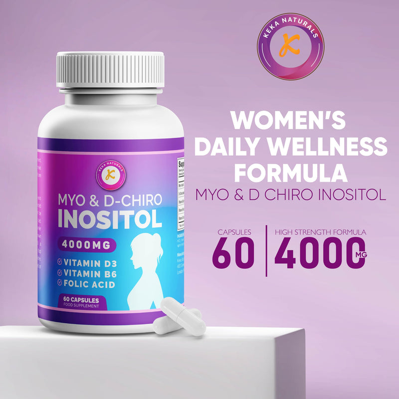 Inositol Myo & D Chiro - 4000mg, Folic Acid, Vitamin D3, Vitamin B6, Women's Daily Wellness Support, Vegan & Gluten-Free, 60 Capsules