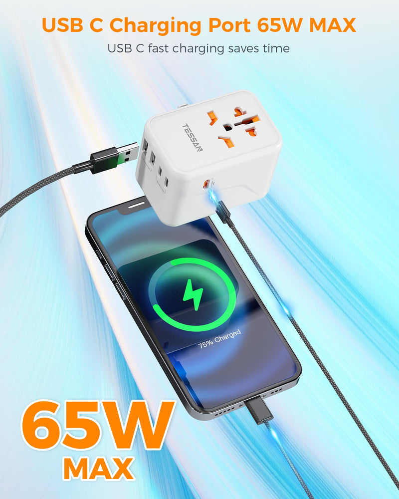 TESSAN Universal Travel Adapter, GaN 65W | 3 USB C Ports, 2 USB A Ports, Type C/G/A/I, European USA UK Australia Ireland Snow white