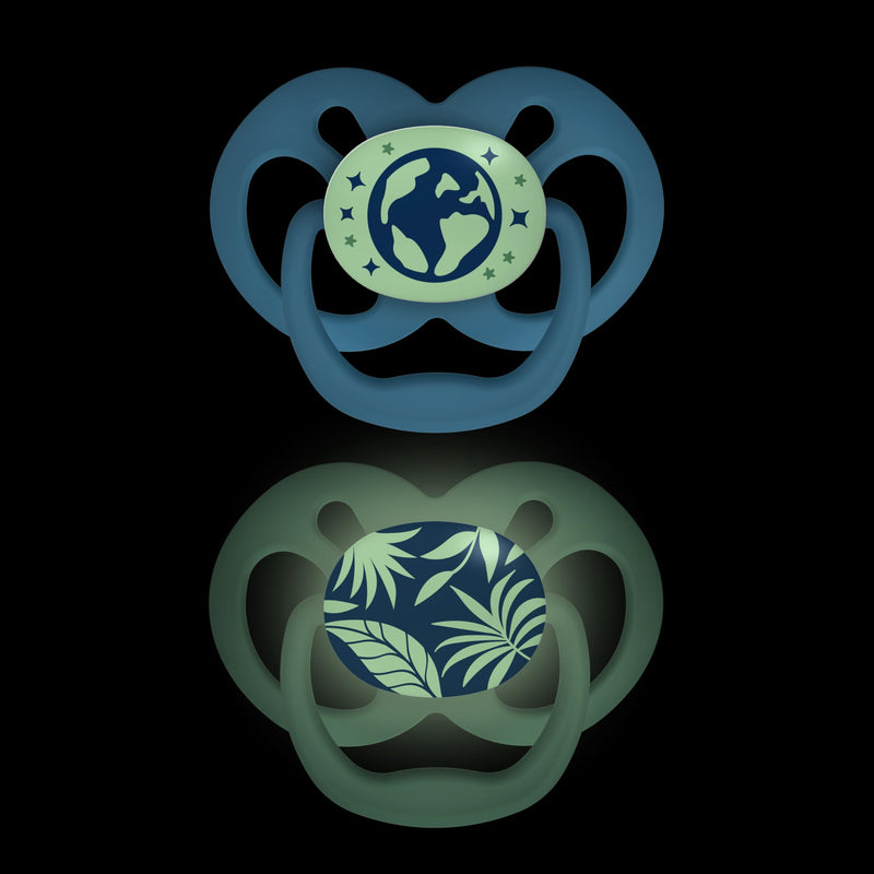 [Australia] - Dr. Brown's Advantage Glow-in-the-Dark Baby Pacifier, Fully Symmetrical Soother with Soft Silicone Bulb, 6-18m, BPA Free, Skateboard Snail and Blue Nature, 4 Pack (Style May Vary) Blue Glow-in-the-Dark 