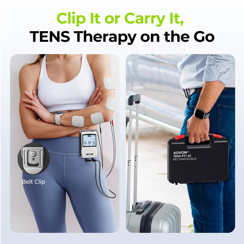 AUVON 4-Channel Digital TENS Unit Muscle Stimulator, Customizable 8 Modes | Rechargeable TENS Machine with 16 Premium TENS Pads, Drug-free for Neck, Shoulder, Back, Sciatica Pain Relief, A Carry Case