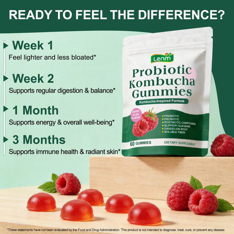 Probiotic Kombucha Gummy with Prebiotics, Probiotics & Postbiotics | Digestive Health & Gut Support Supplement | for Men & Women | Berry Bliss Flavor- 60 Gummies