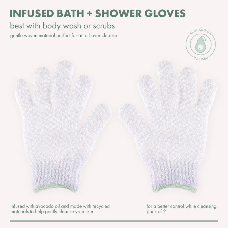 EcoTools Gentle Bath + Shower Gloves, Exfoliating Gloves Remove Dead Skin & Cleanse The Whole Body, Bath Gloves Infused with Avocado Oil to Scrub & Hydrate, Cruelty Free, 1 Pair (2 Gloves) Avocado Oil Infused Gloves, 1 Pair