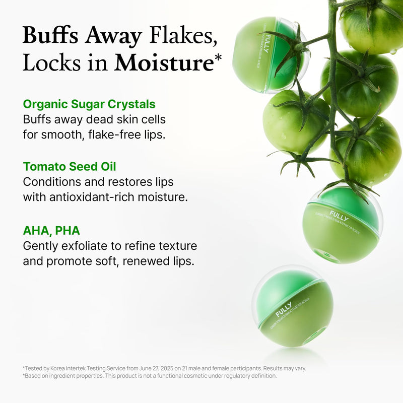 [Australia] - FULLY Green Tomato Smoothie Sugar Lip Scrub, Gentle Lip Exfoliator with Organic Sugar & Tomato Seed Oil for Smooth, Hydrated Lips, Vegan Daily Lip Polish for Dry, Flaky Lips, Korean Skincare, 0.42 oz 