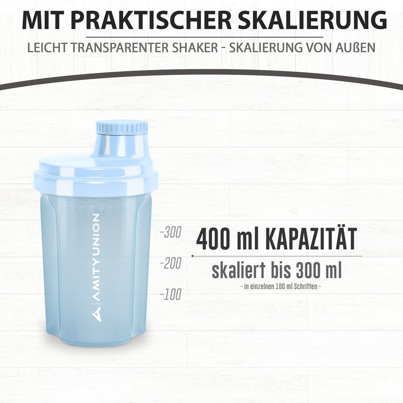 [Australia] - Protein shaker 300 ml “Heaven” leak-proof, BPA free with click-in sieve & scale for creamy whey shakes, gym fitness cup for isolates & sports concentrates, protein shaker, original in sky blue 