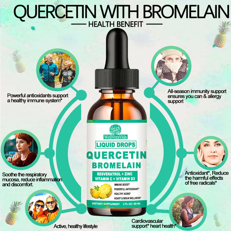 [Australia] - Quercetin with Bromelain Liquid Drops, 4X Stronger Than Capsules & Pills, 7-in-1 Organic Zinc Quercetin 1000mg with Bromelain 500mg Vitamin C D3 Immune Support for Respiratory Health & Antioxidant Pineapple 2 Fl/Oz (Pack of 1) 