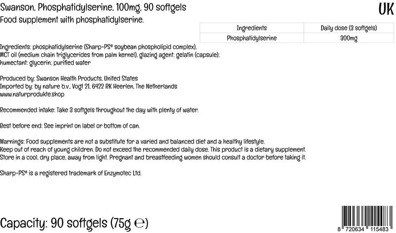 Swanson Phosphatidylserine, 300mg per Daily Strength, 90 softgels, High Strength, Lab Tested, Gluten Free, Non GMO