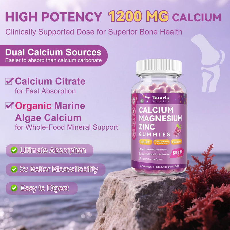 Totaria Sugar Free Calcium Magnesium Zinc Gummies for Women Men, 19-in-1 Ultimate Absorption Calcium 1200 mg Supplements with Vitamin D3 K2, Boron, B12, Ashwagandha, for Bone, Teeth, Calm, Vegan Grape 60 Count (Pack of 1)