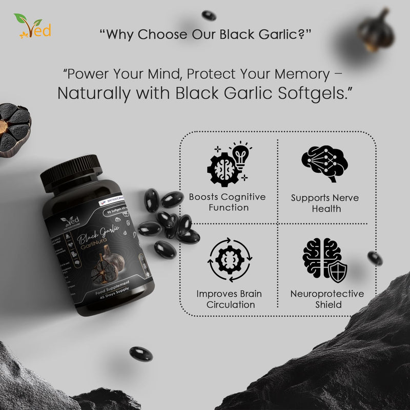 VED GarliNura, 90 Softgels, Fermented & Odorless Black Garlic Supplement with Lavender Flower, Rosemary Leaf, Green Tea Leaf, ALA, Vitamin E, B6, B2, B1, Non-GMO, Halal, 2 Softgels per Day.