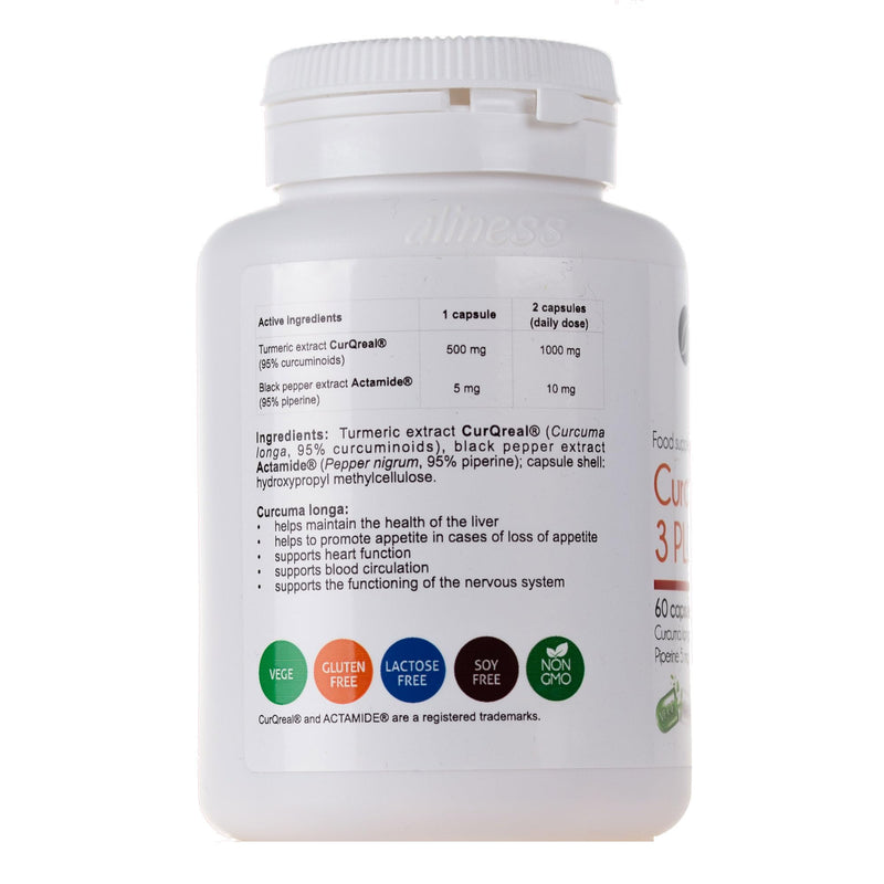 Aliness Curcumin 3 Plus with Piperine, 60 Vegan Capsules