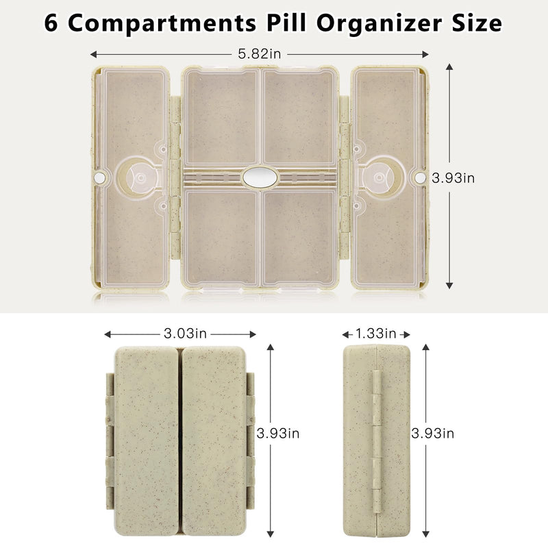 FYY Travel Pill Organizer, 6 Compartments Pill Case with Blank Lables-Khaki | Easy to Use, Privacy Protection Medicine Pill Organizer for Medication, Vitamins, Fish Oils,Supplements,Cotton Swabs,Bandages Khaki M