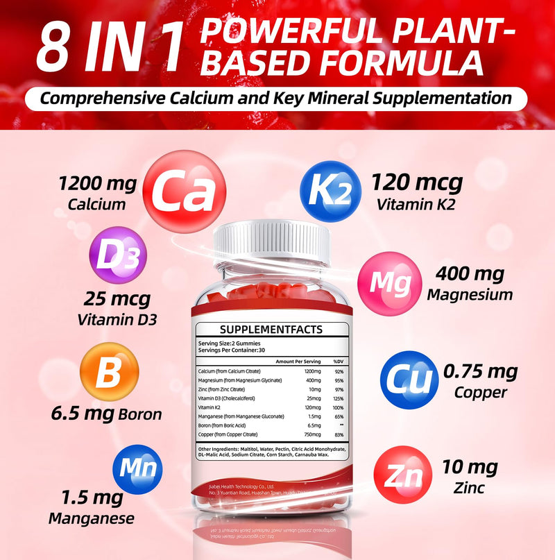 Calcium Citrate 1200mg Gummies with Vitamin D3: with Calcium Magnesium Zinc Vitamin D3 K2 for Bone Muscle Immune - Ultimate Absorption Calcium Supplement for Women & Men, Sugar-Free
