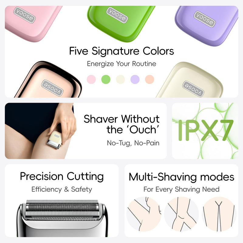 yoose Electric Razors for Women, IPX7 Alloy Body Bikini Trimmer for Women (USB-C, Trimmer Comb, Multi Shaving Modes), Portable Size, Cyber Green