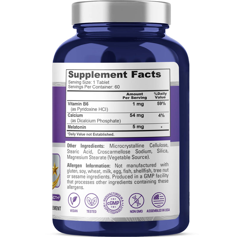 Melatonin Vitamin B6 & Calcium, Vegan, 5mg, 60 Tablets - 60 Servings | Dietary Supplement Formula, Pyridoxine HCI & Dicalcium Phosphate, Non-GMO, Suitable for Adults, Made in cGMP Facility USA