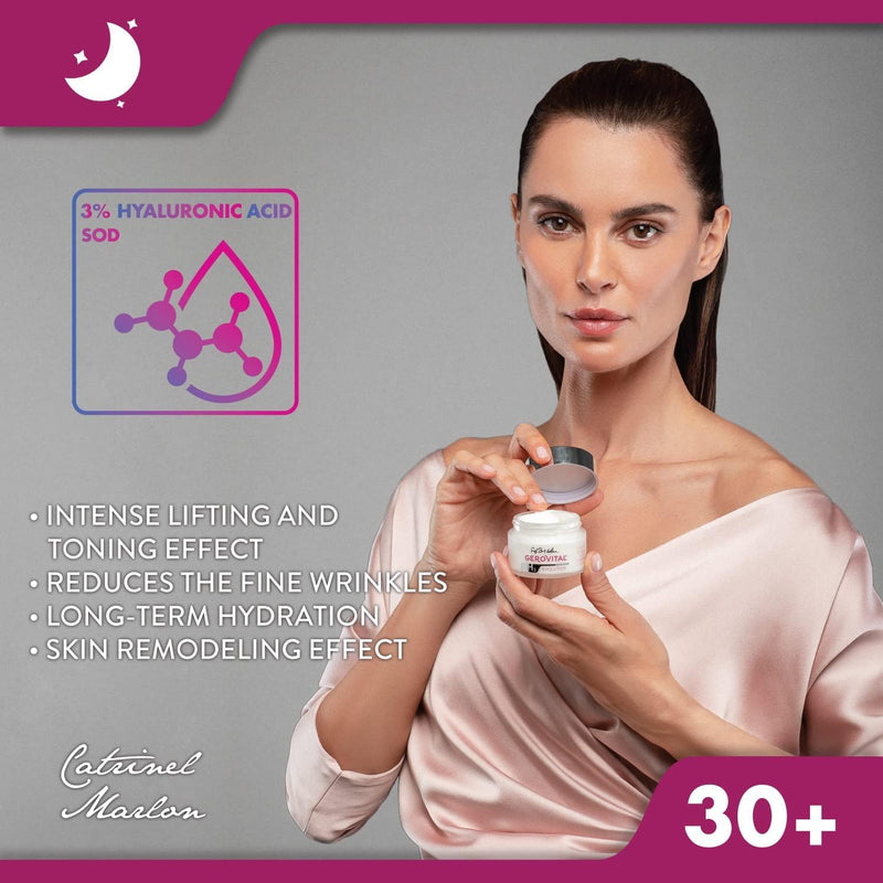 Gerovital EVOLUTION Regenerating Lifting Cream Night Care with Superoxide Dismutase SOD (Anti-Aging Super Enzyme), Ultrafiller Hyaluronic Acid with Wrinkle Filling Effect, 50 ml