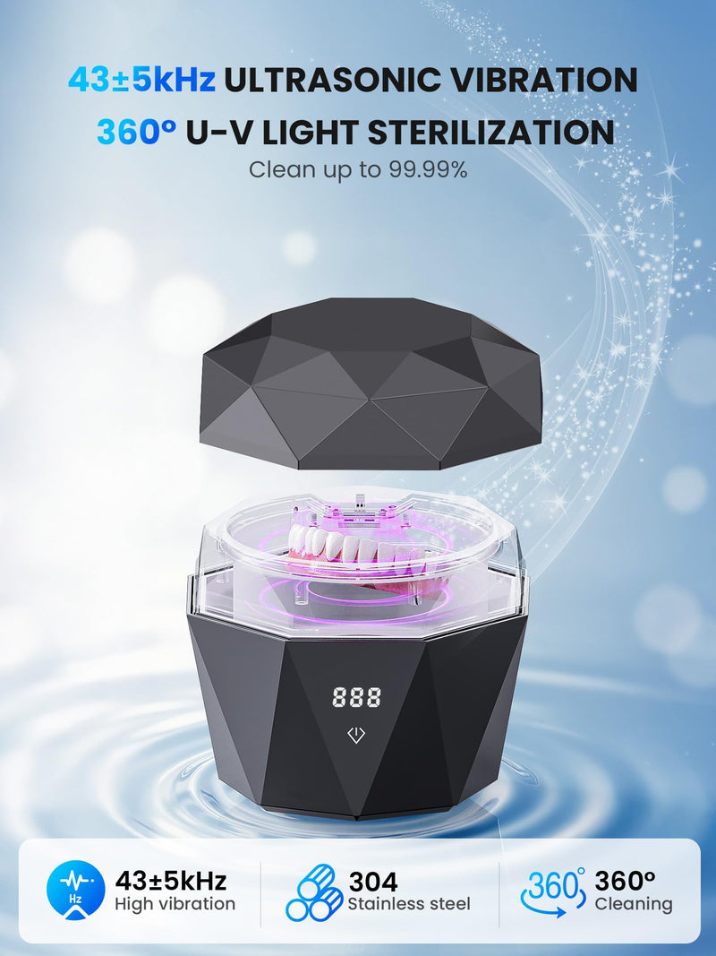 [Australia] - Ultrasonic Denture Cleaner Machine 43±5KHz Rechargeable Retainer Cleaner with Digital Timer & U-V-C Lights for Braces Night Guard Aligners Toothbrush Heads Jewelry Black 