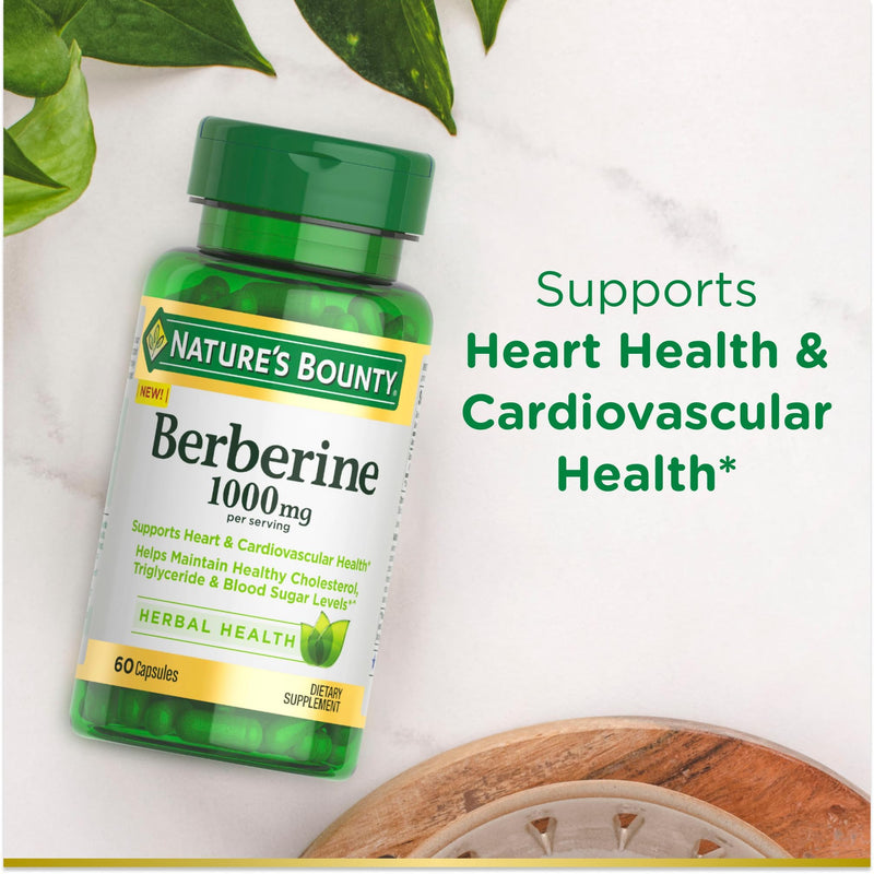 [Australia] - Nature's Bounty 1000mg Berberine Herbal Health Capsules Support Heart and Cardiovascular Health, Help Maintain Healthy Cholesterol, Triglyceride, and Blood Sugar Levels, 60 Capsules Unflavored 60 Count (Pack of 1) 