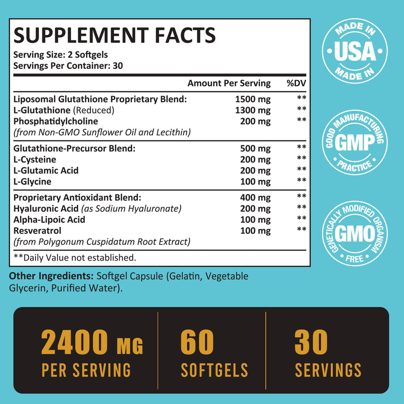 [Australia] - 2400 MG Liposomal Glutathione Softgels, Max Absorption, Active Form L-Glutathione Reduced (GSH), with Hyaluronic Acid, Resveratrol, Master Antioxidants for Detox, Brain, Immune System, 120 Softgels 60 Count (Pack of 2) 