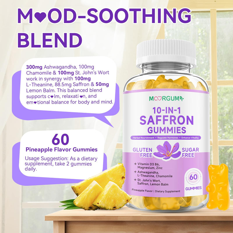 Saffron Gummies for Adult Kids, 10-IN-1 Cortisol Support Supplement with Saffron 88.5mg, Vitamin D3, B6, Magnesium, Zinc, Ashwagandha, L-Theanine, St. John's Wort, For Emotions, Slumber, 60 Count 60 Count (Pack of 1)