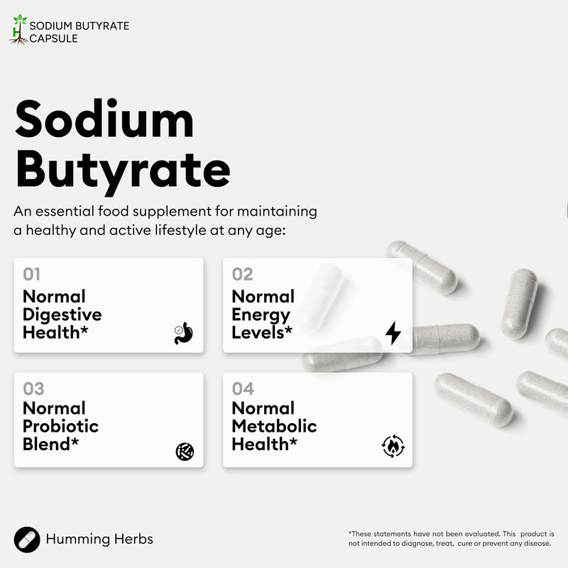 Humming Herbs Sodium Butyrate Supplement 120 caps with Calcium Butyrate, Inulin FOS, Zinc,Vitamin D3 and 10 Billion CFU Probiotics