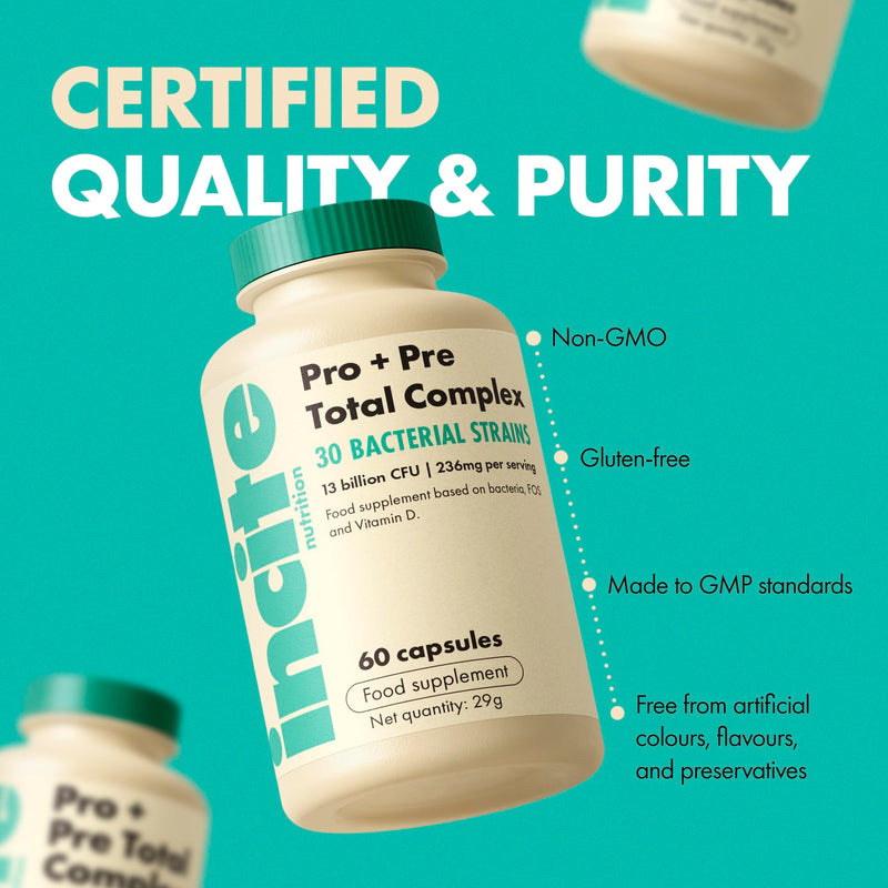 Incite Nutrition Pre + Pro Bio Cultures Complex 13 Billion CFU. 60 Capsules, 1 Month Supply. 30 Bacterial Strains. Supports Gut Health, Digestion, and Immune System. Suitable for Vegetarians & Vegans