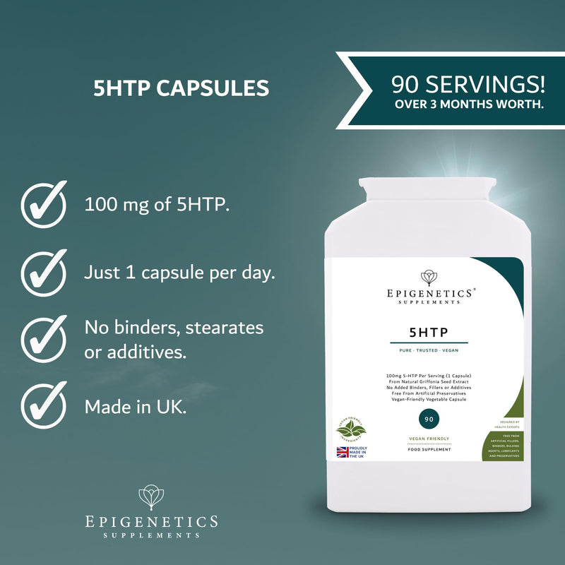 5-HTP 100mg | 90 Vegan Capsules | L-5-HTP (from Griffonia Seed Extract) | 100mg 5-HTP Per Serving | Vegetable Capsules | 1 Capsule Daily (3 Month Supply)