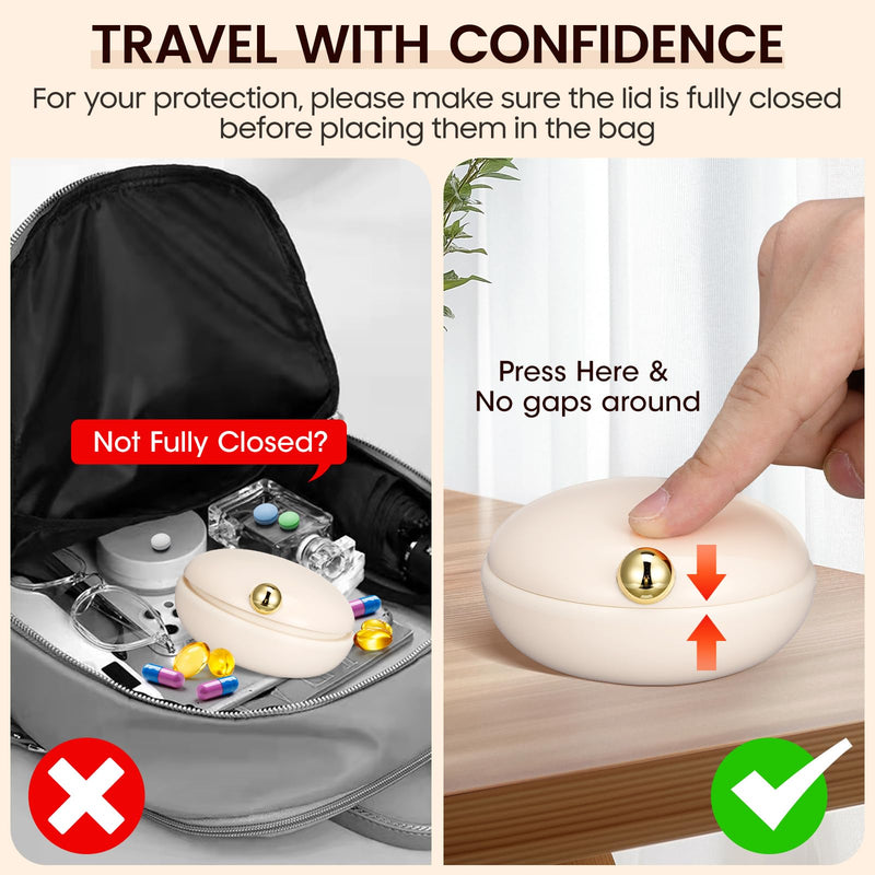 iplusmile Cute Pill Case with 4 Compartments for Purse and Travel (Beige) | Removable Divider Fits Tablets, Softgels, Vitamins & Fish Oil, ABS Case with Silicone Ring for Work, Commutes & Trips Beige
