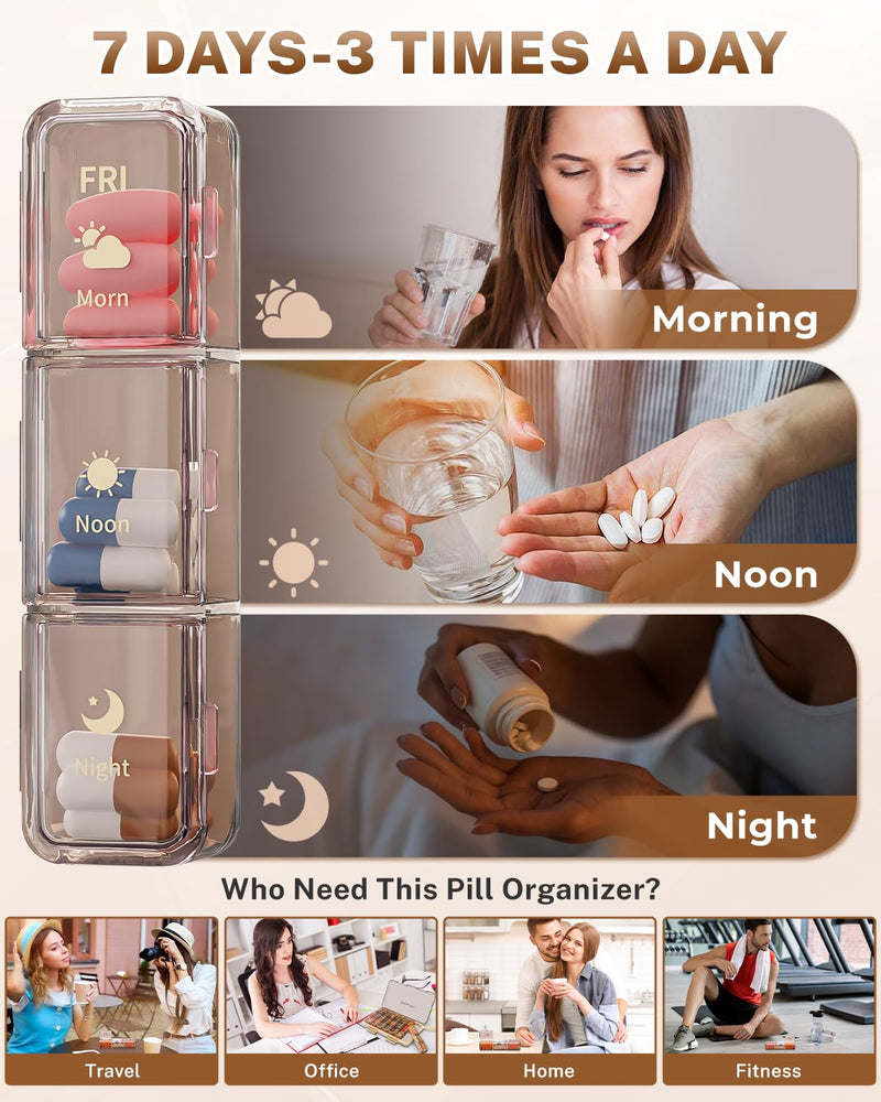 Weekly Pill Organizer 3x a Day - 7 Day Pill Box with 21 Compartments (Morning/Noon/Night), BPA-Free Daily Pill Case, Portable Medicine Organizer for Vitamins, Supplements & Medication【Upgrade】 (Brown) Brown