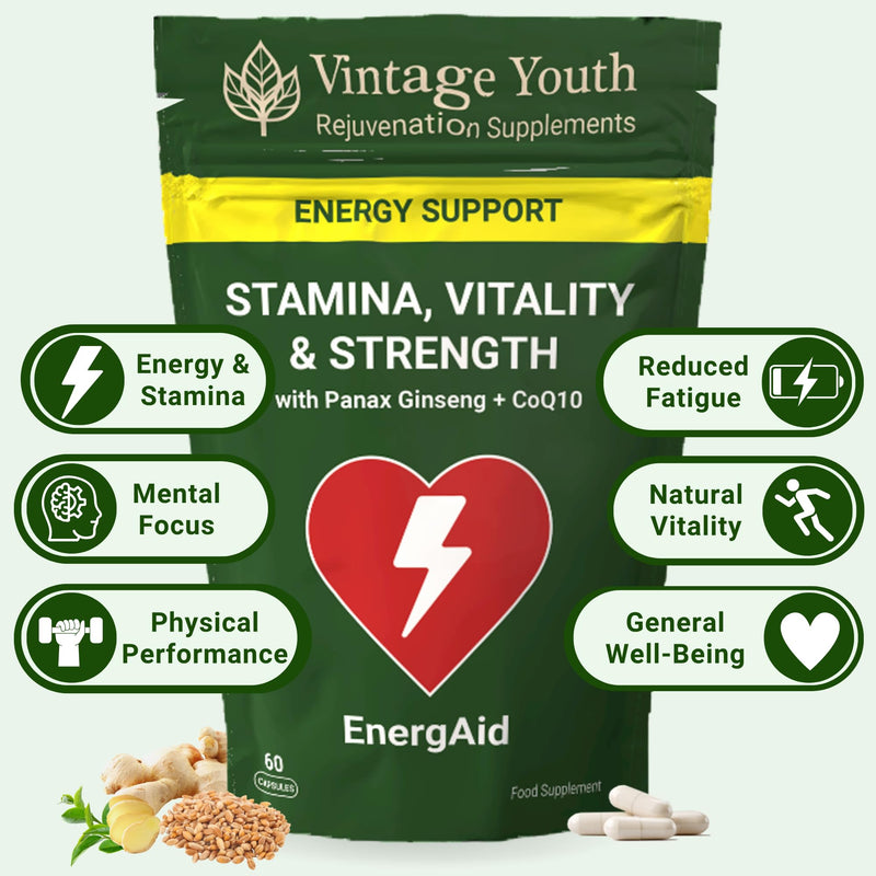 EnergAid Energy & Stamina Supplement | Natural Caffeine-Free Pre-Workout with Korean Ginseng, CoQ10, Rhodiola & B Vitamins | Reduces Fatigue, Supports Focus & Metabolism | Vegan | Made in UK