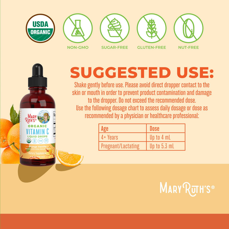 MARYRUTH'S Organic Vitamin C Supplement | Liquid Vitamin C Liquid Drops for Adults & Kids | Immune Support Supplement for Overall Health | Vegan | Non-GMO | Gluten Free | 4 Fl Oz