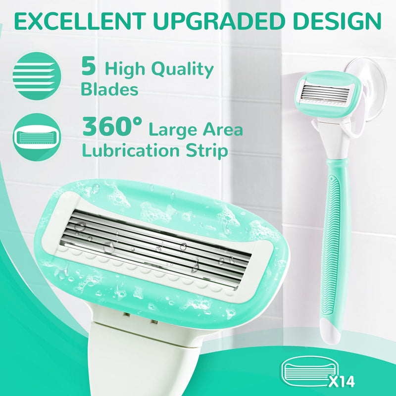 Razors for Women Include 2 Non-Slip Handles and 14 Blade Refills with a Shower Holder, 5 Premium Blades Women's Razors for Shaving with 360° Lubrication Reduces Irritation, Green