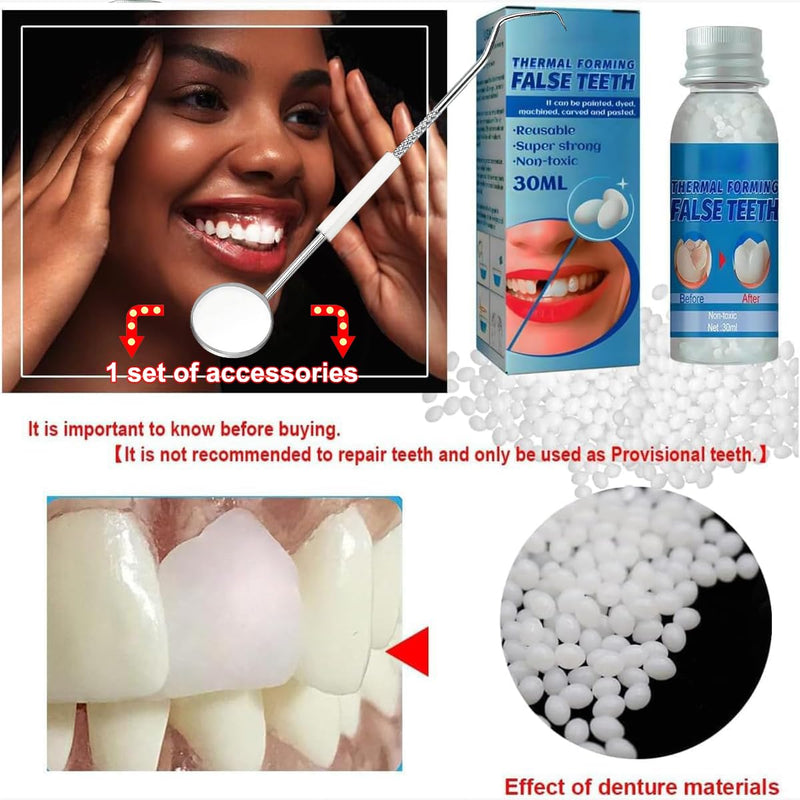 Tooth Provisional teeth Kit, Provisional Fake Teeth Replacement Kit for Provisional Restoration of Missing & Broken Teeth Replacement Dentures, DIY Heat Fit Beads. 【30Ml -1 Bottle】 30ml -1 Bottle New