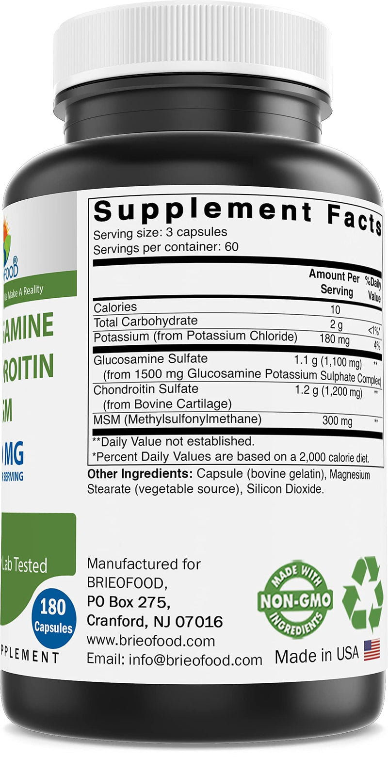 Brieofood Triple Strength Glucosamine Chondroitin MSM 2600mg/Serving Capsules, Supports Healthy Joint, Cartilage and Connective Tissue - Promotes Joint Comfort & Flexibility 180 Count