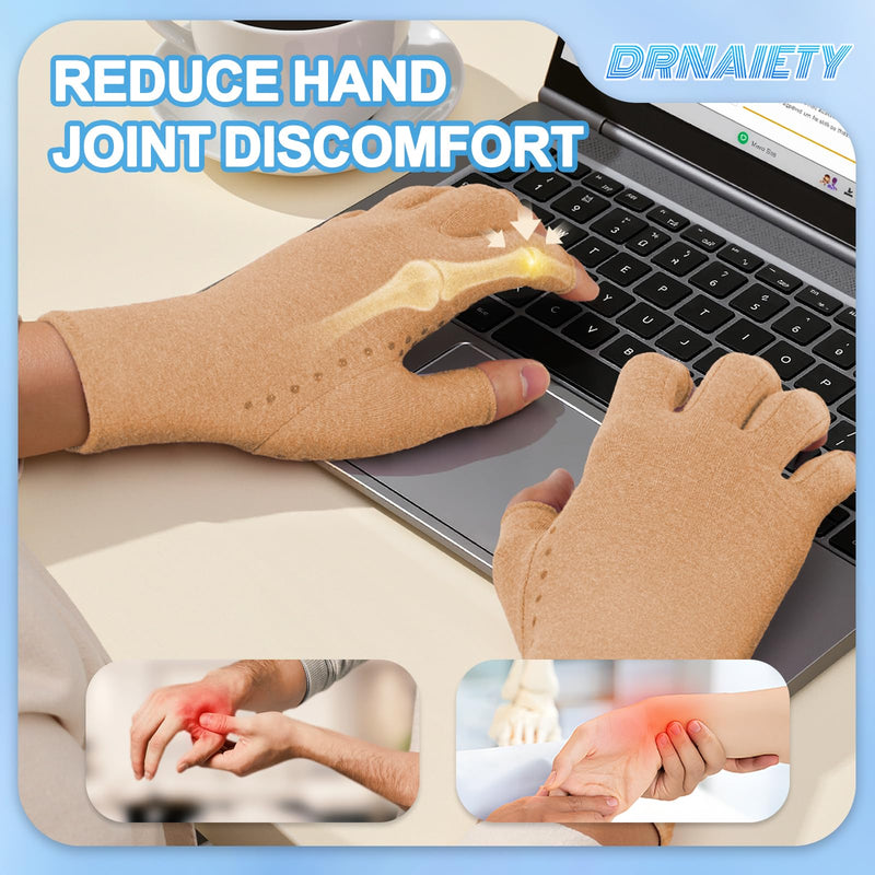 DRNAIETY 2-Pair Arthritis Compression Gloves- for Hand Arthritis, Carpal Tunnel Pain, Rheumatoid Arthritis, RSI, Fingerless, Anti-Slip, Breathable Gloves for Men & Women, Typing, Daily Use(M Brown) Medium