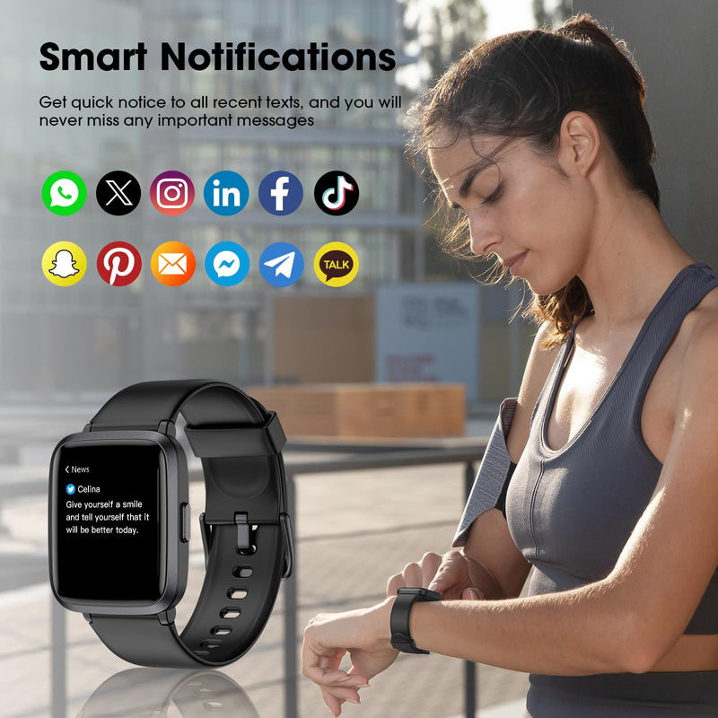 [Australia] - Fitness Tracker, Fitness Watch with Blood Oxygen, Blood Pressure & Heart Rate Monitor, Steps Calories Counter, Sleep Monitor, Pedometer 50 Meters Waterproof, Smart Watch for Android iPhones Black 