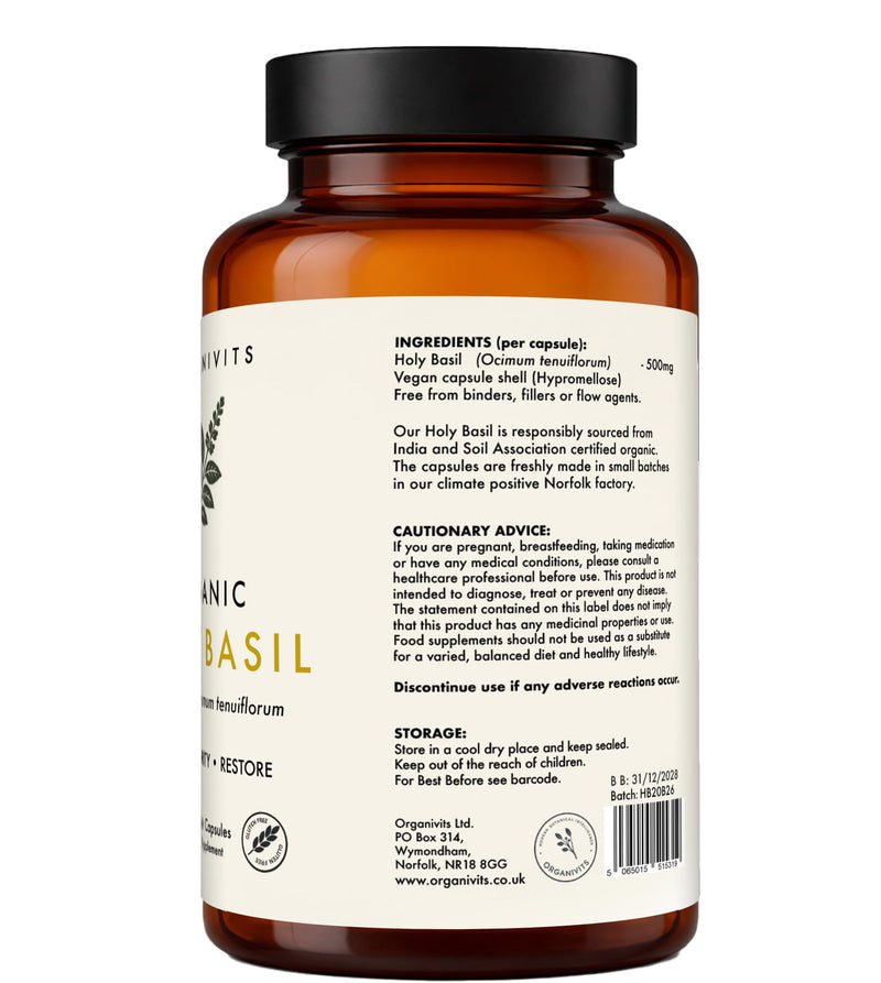 Organic Holy Basil Capsules | 500mg Organic Tulsi Leaf | Ocimum Tenuiflorum | Vegan Capsules | Adaptogenic Balance & Clarity | No Fillers or Flow Agents | Soil Association Certified